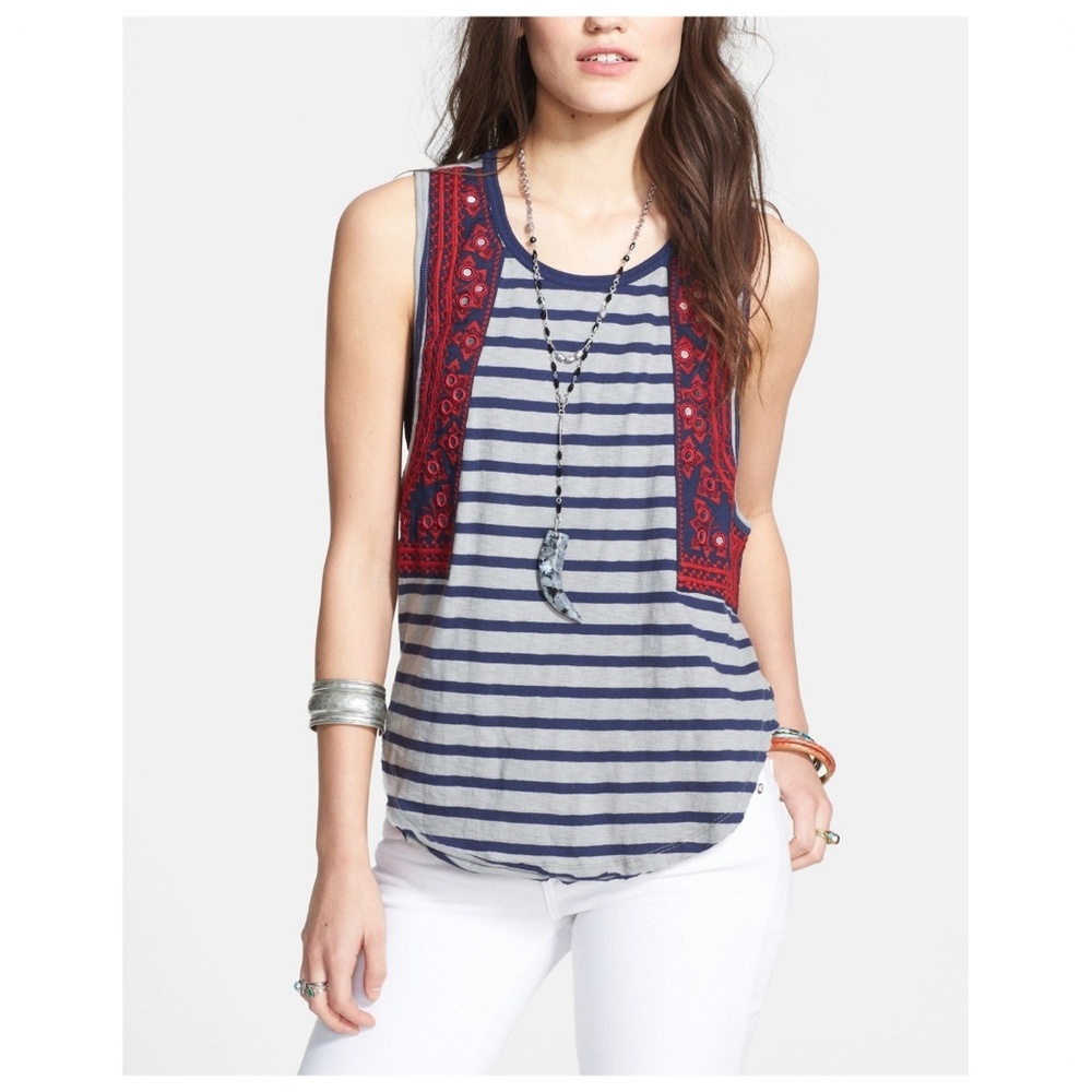 Free People Medium Embroidered Nautical Stripe Sleeveless Tank Top